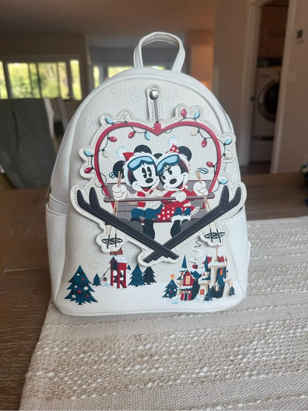Loungefly White Holiday Mickey & Minnie Ski Lift Mini Backpack